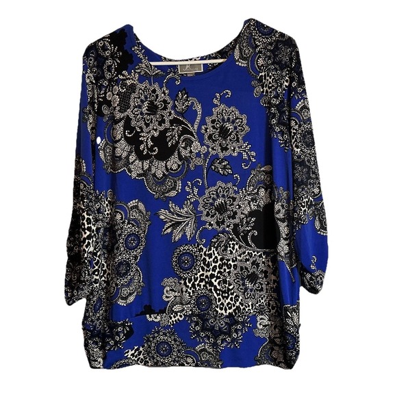 JM Collection Tops - JM Collections - Size XL Petite Blouse Top Blue Black Floral Long Sleeve Stretch